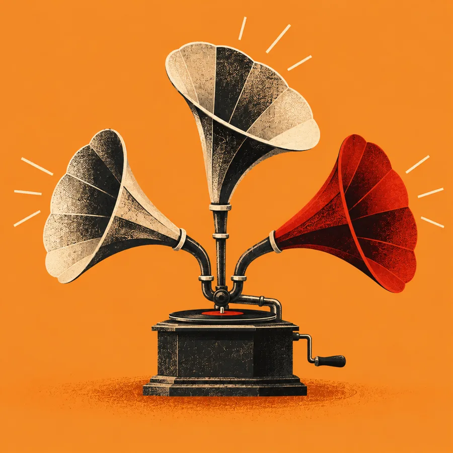 A gramophone with three horns, one in red