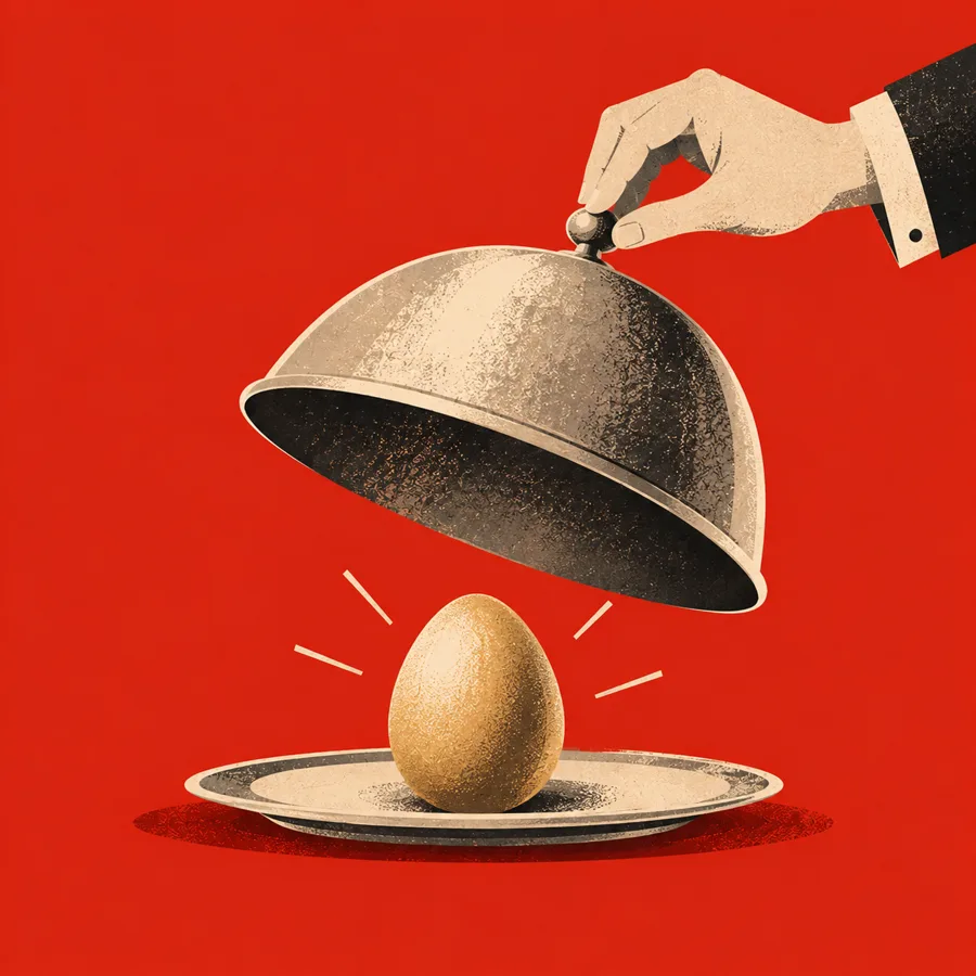 A hand lifting a cloche to reveal a golden egg