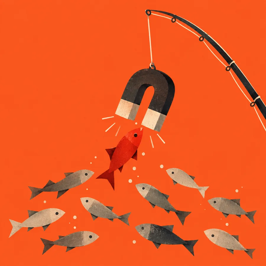 A magnet on a fishing line pulling one red fish from a shoal