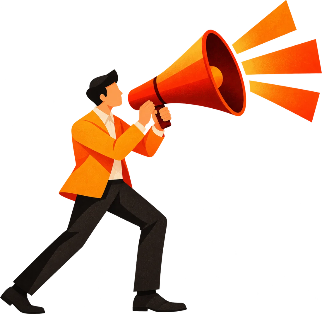 A man in an orange jacket shouting through a megaphone