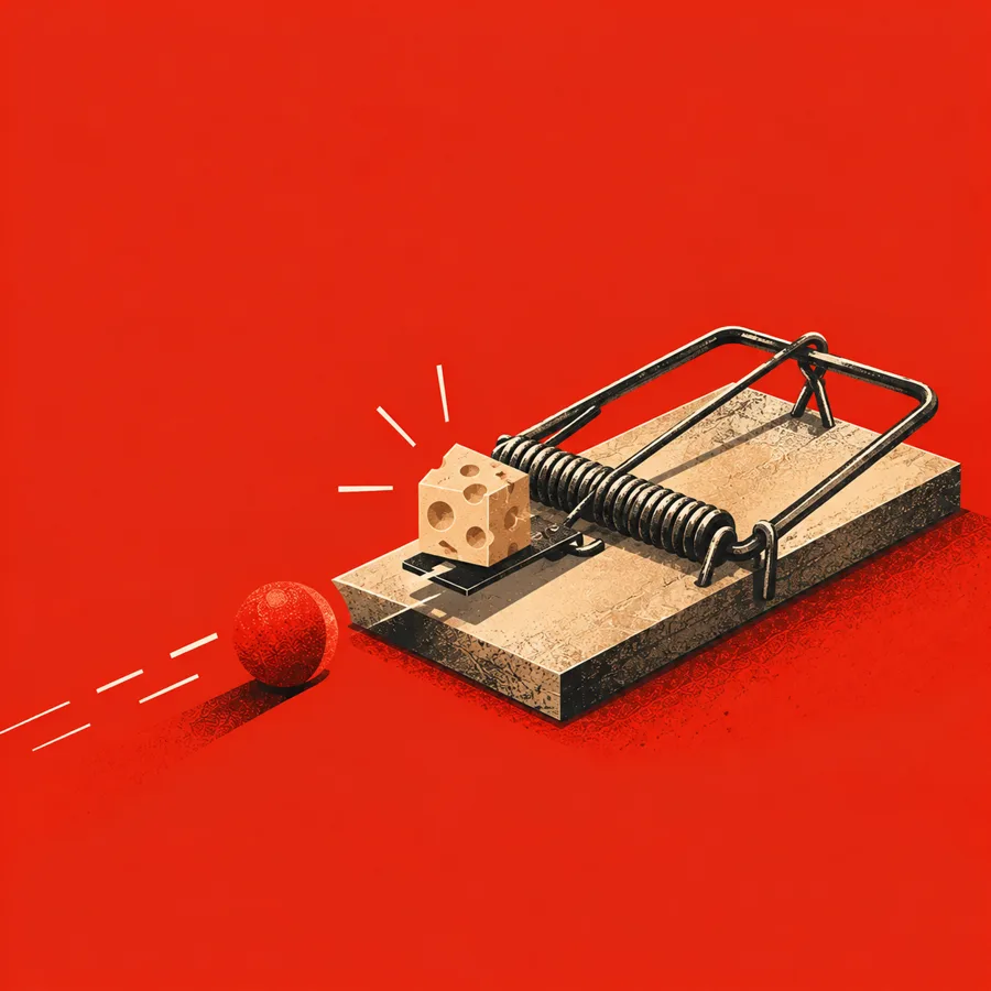 A red ball rolling towards a baited mousetrap