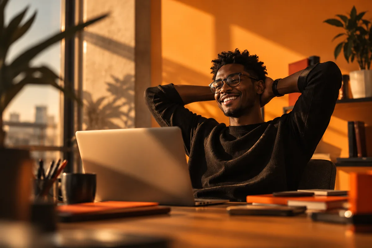 A relaxed rep leaning back from his laptop