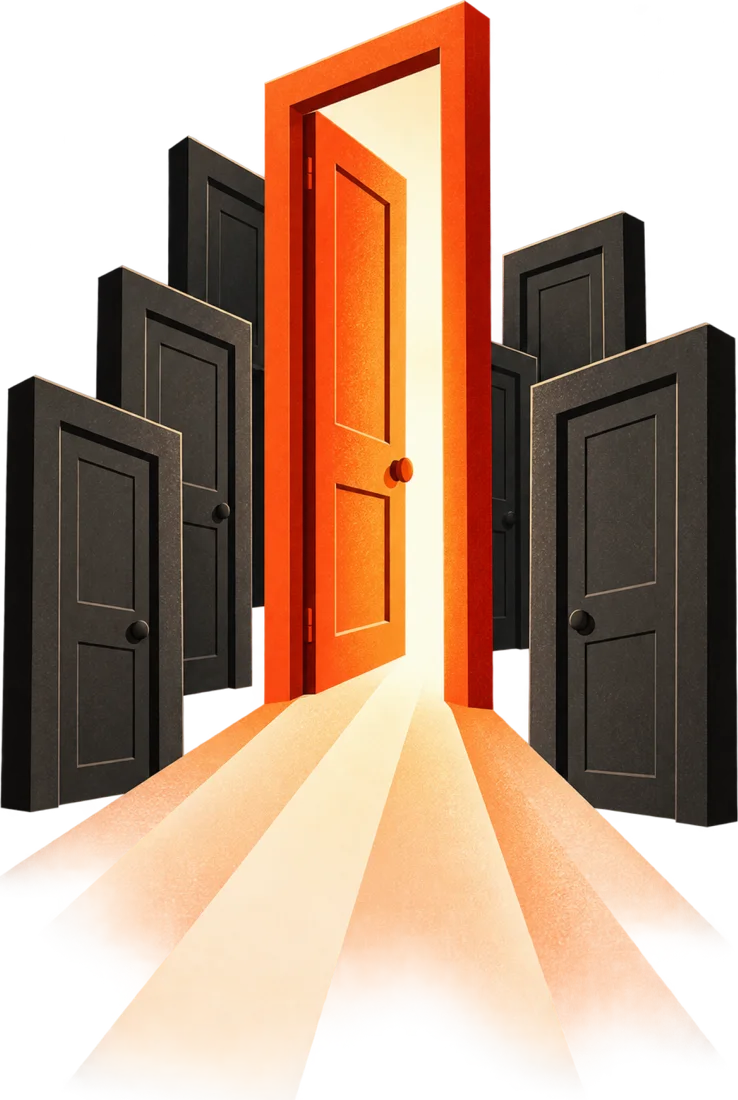 A row of closed doors with one orange door open and light pouring out