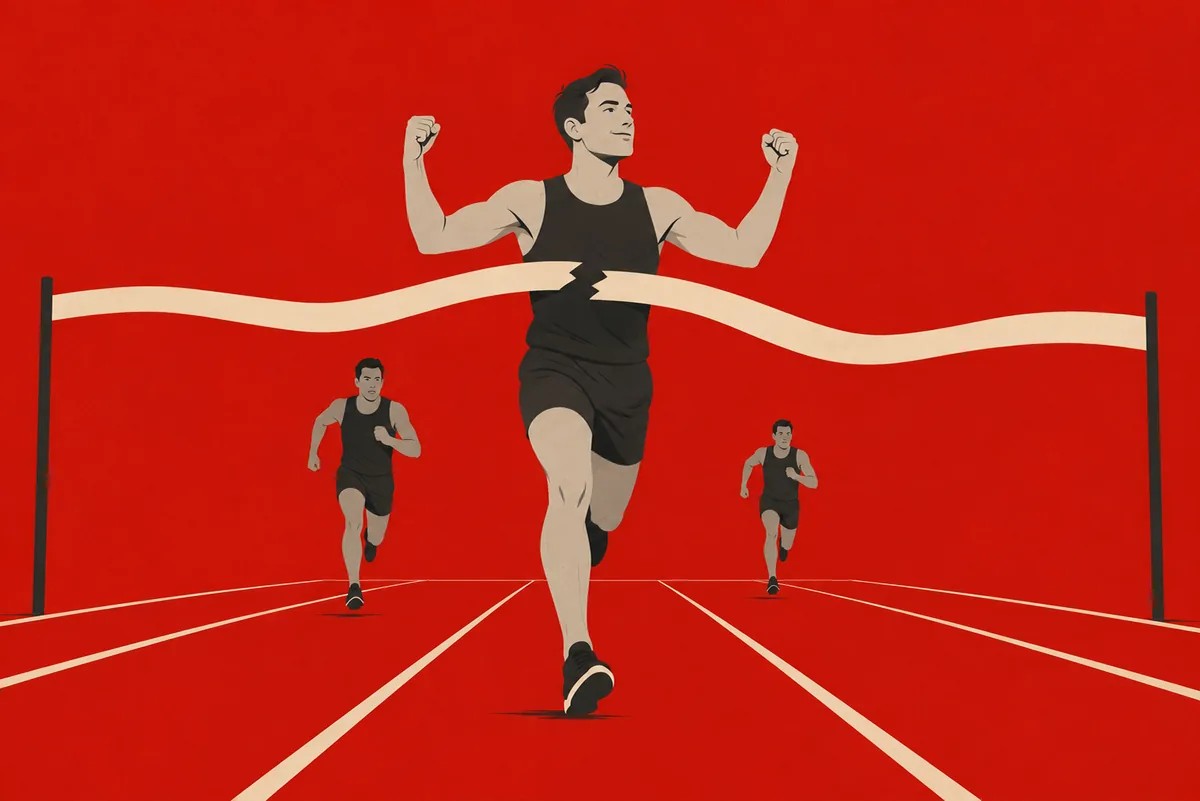 A runner breaking the finish line tape ahead of the field