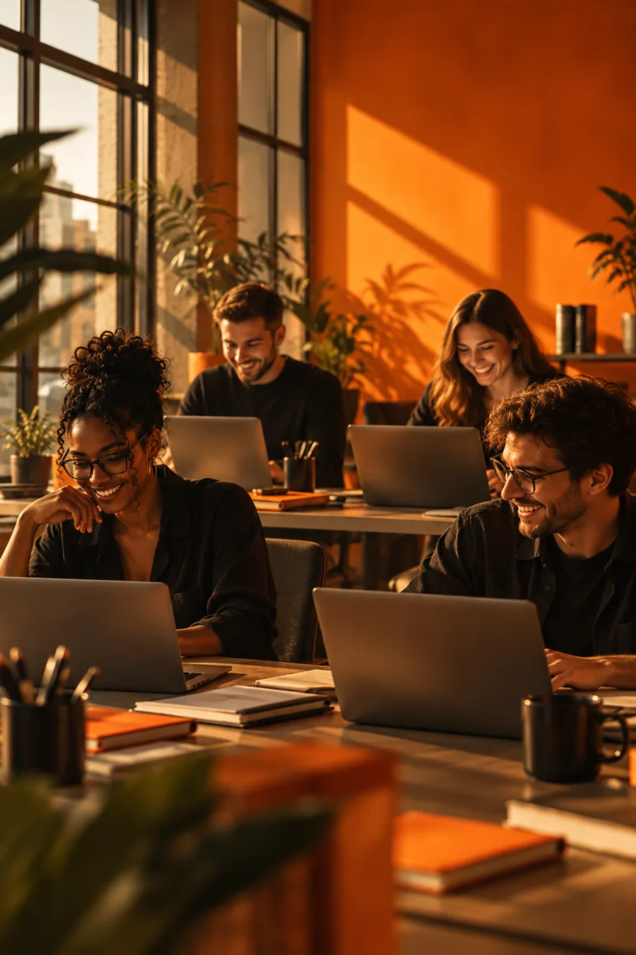 A sales team smiling at their laptops in a sunlit office