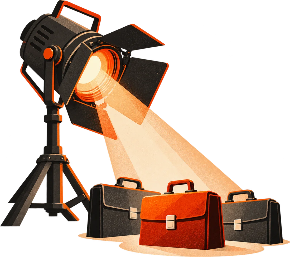 A spotlight picking out one orange briefcase between two grey ones