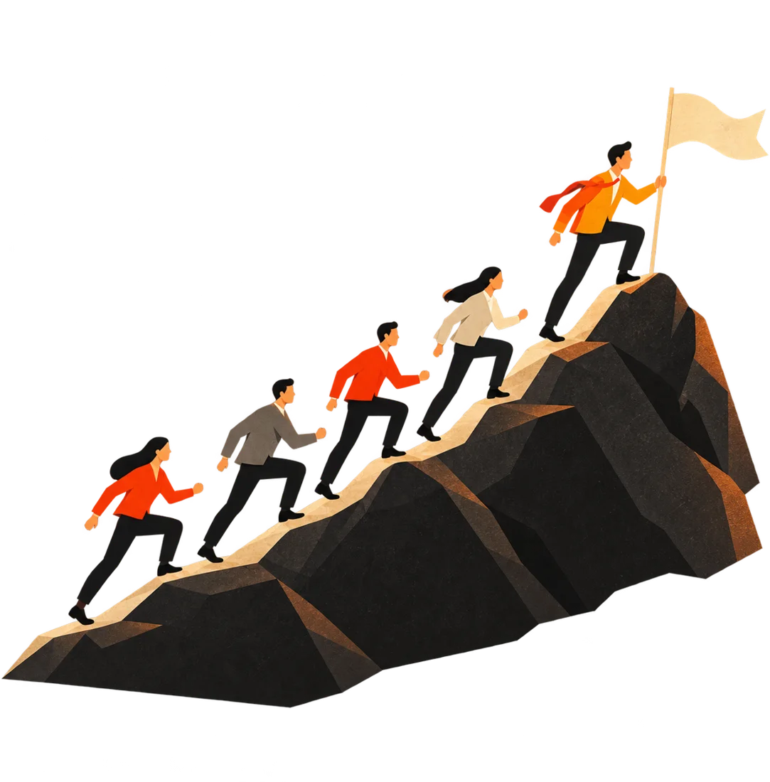 A team climbing a mountain together, the leader planting a flag at the top
