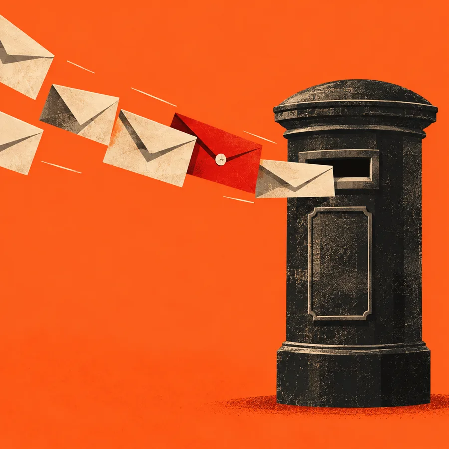 Envelopes flying into a post box, one in red