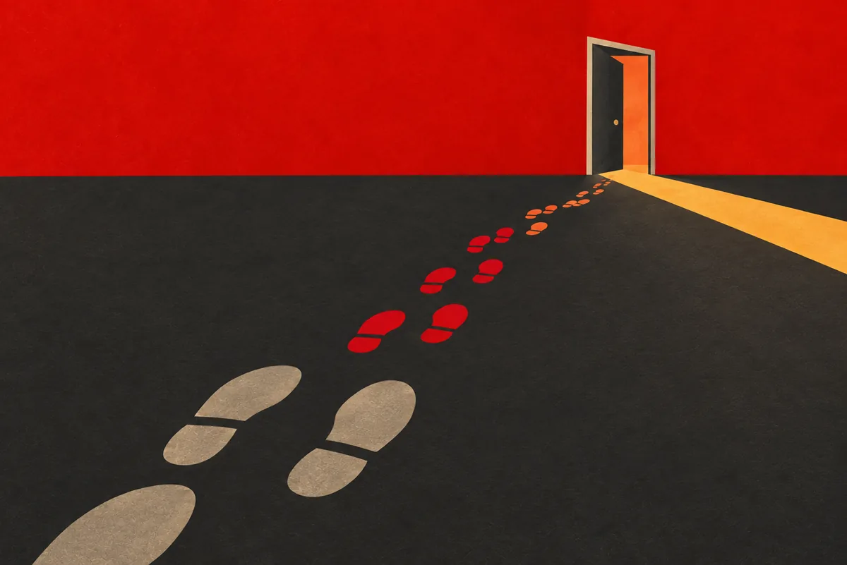 Footsteps leading towards an open door