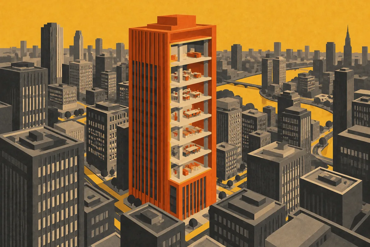 One company highlighted in a city of buildings