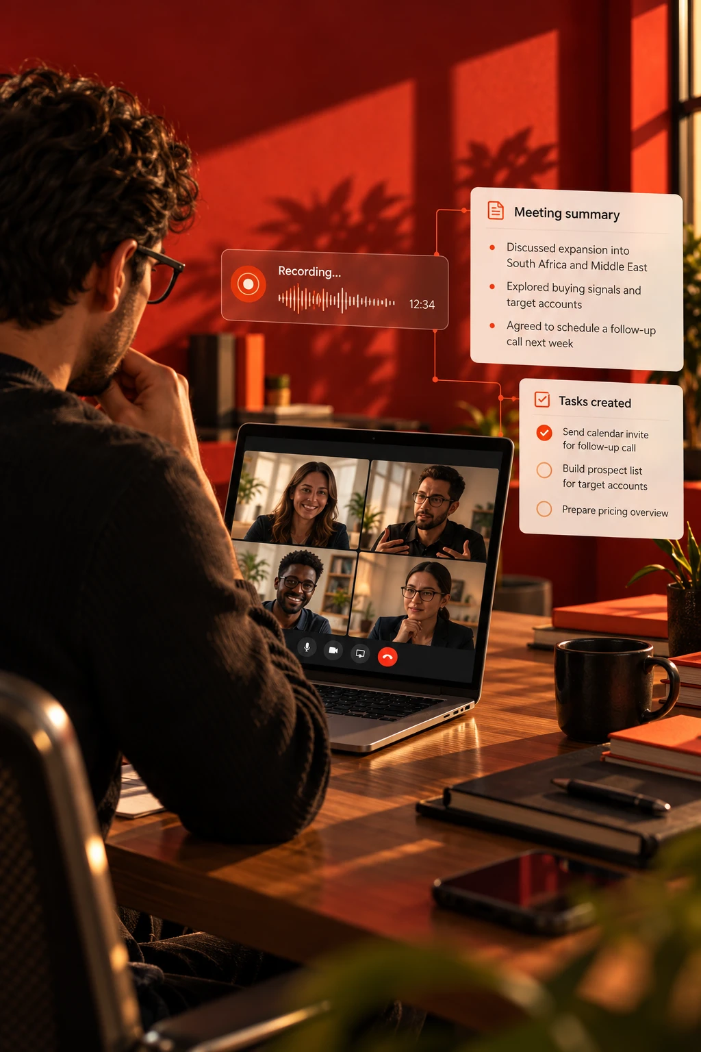 A man on a recorded video call, with a meeting summary and the follow-up tasks it created beside it