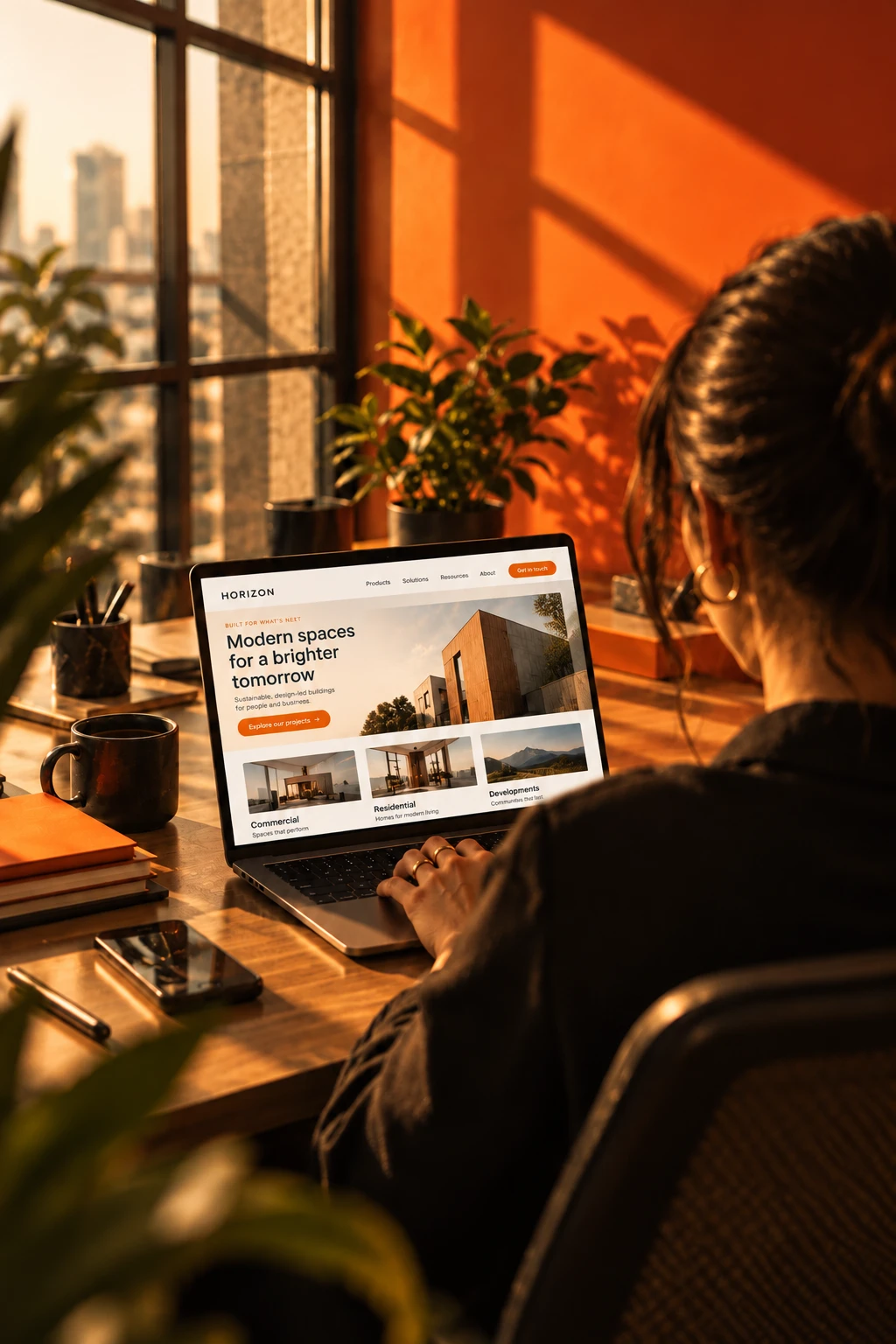 A woman at her laptop in a sunlit office, browsing a company website