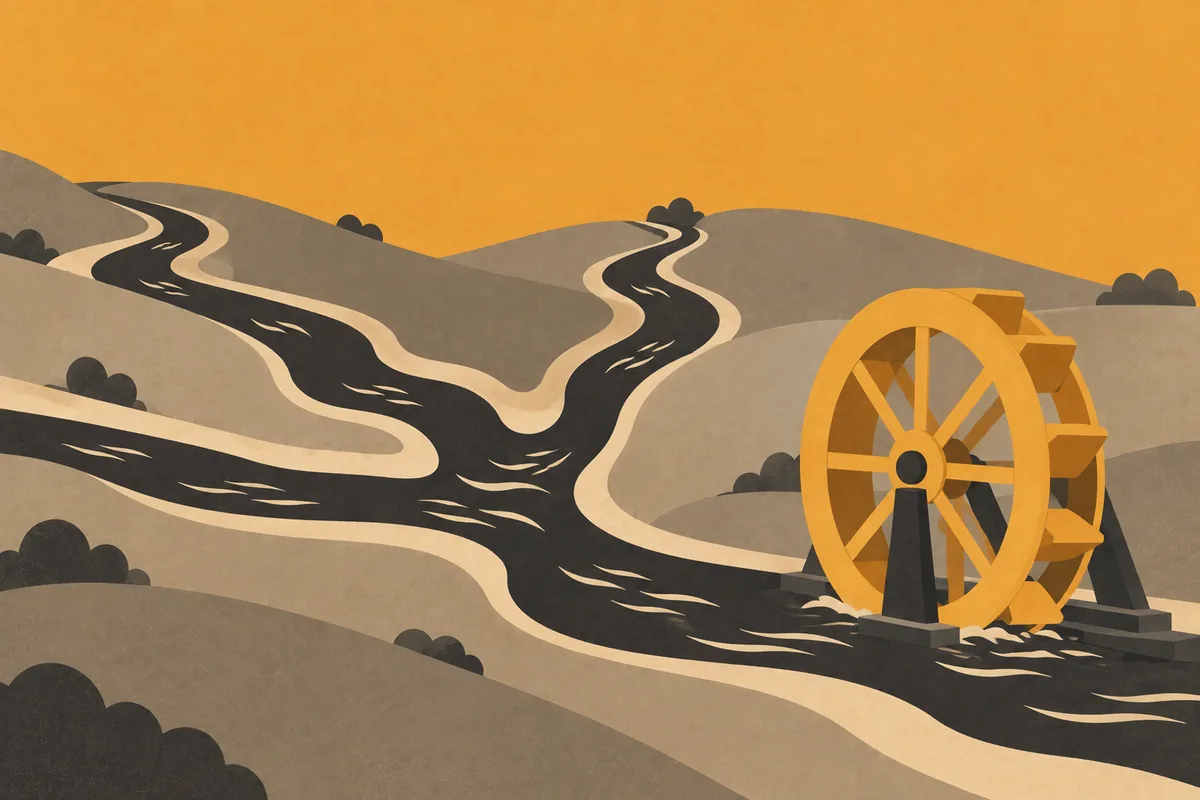 Streams flowing together to turn a water wheel