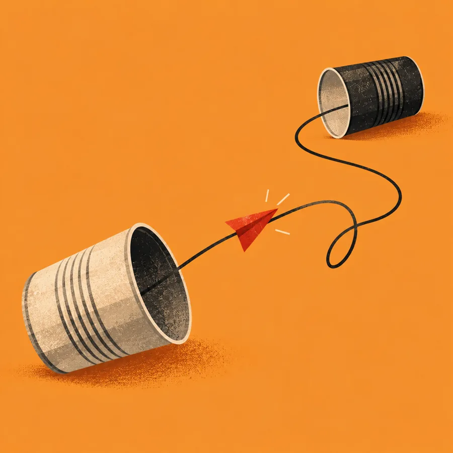 Two tin cans connected by string, with a red paper plane on the line